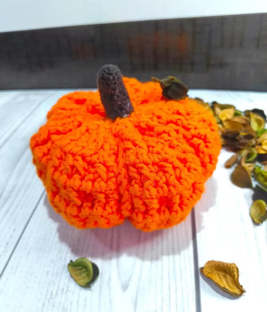 A large orange Pumpkin is placed on a white table with some dried leaves