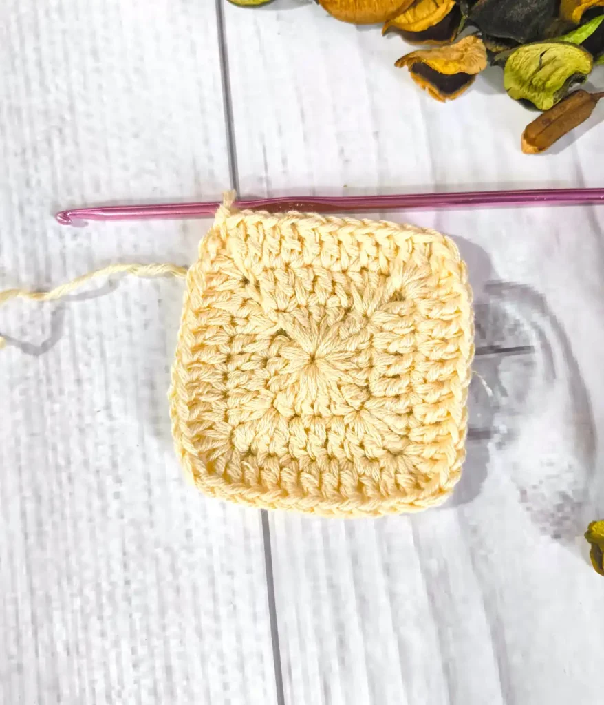 A granny Square with purple color crochet hook, along with some leaves on a white wooden table