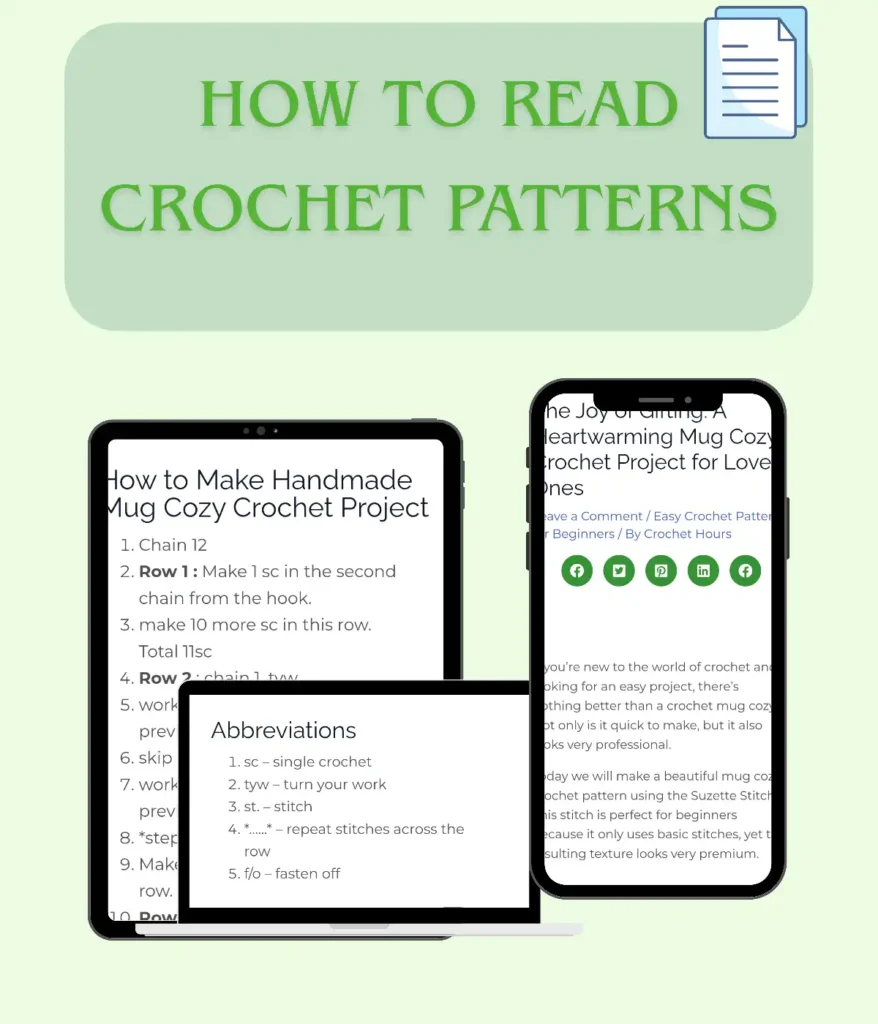 There is 1 tablet, 1 mobile, 1 laptop in which some parts of crochet patterns are visible, and it is written in text how to read crochet patterns.