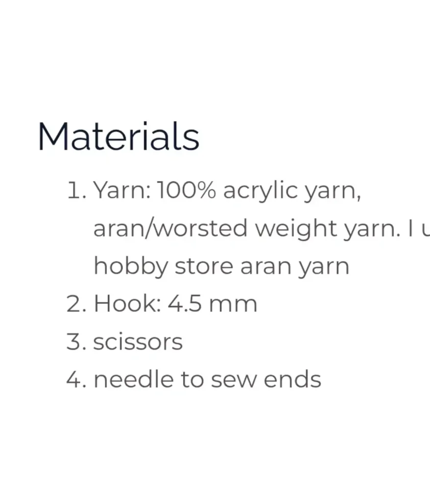 There is a list of materials for a crochet pattern.