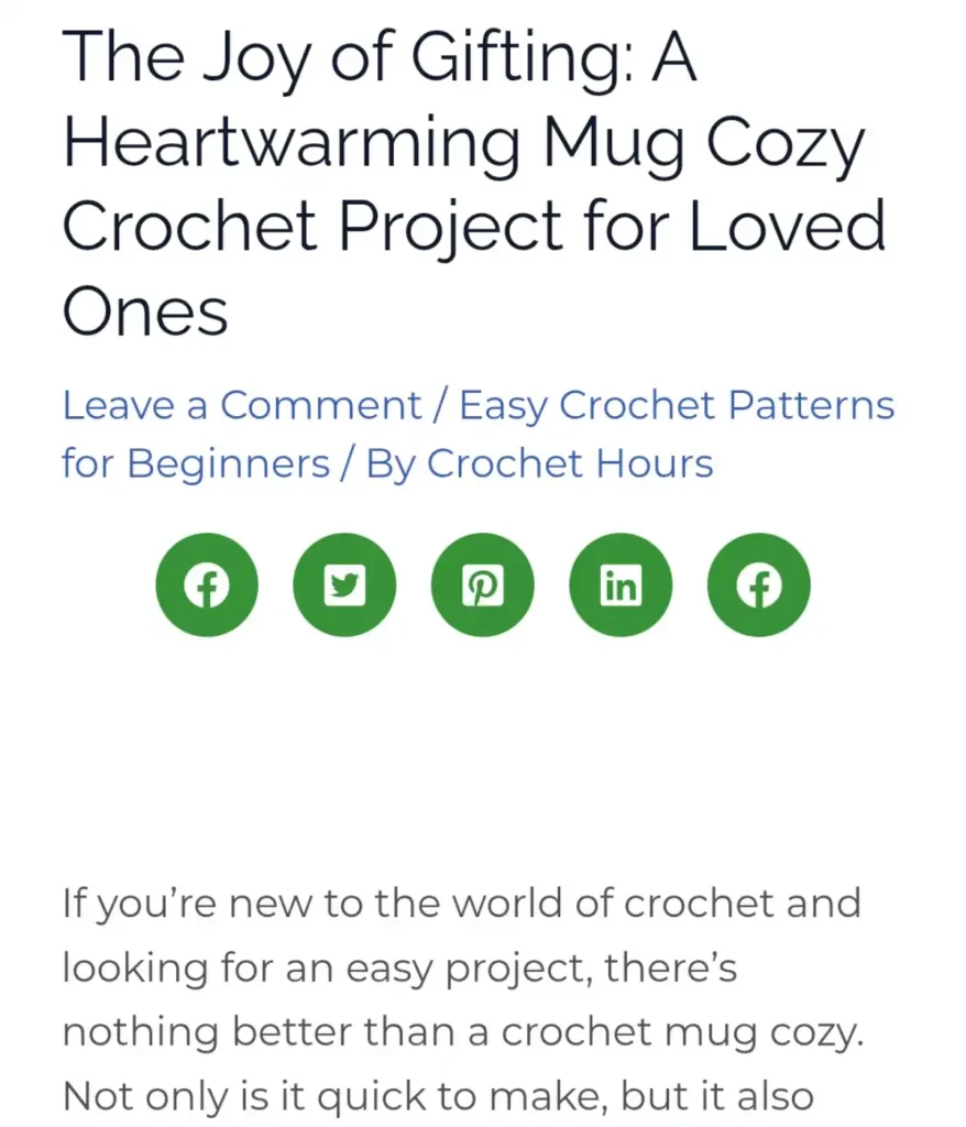 The title of the crochet pattern is displayed, along with some text and some social share buttons.